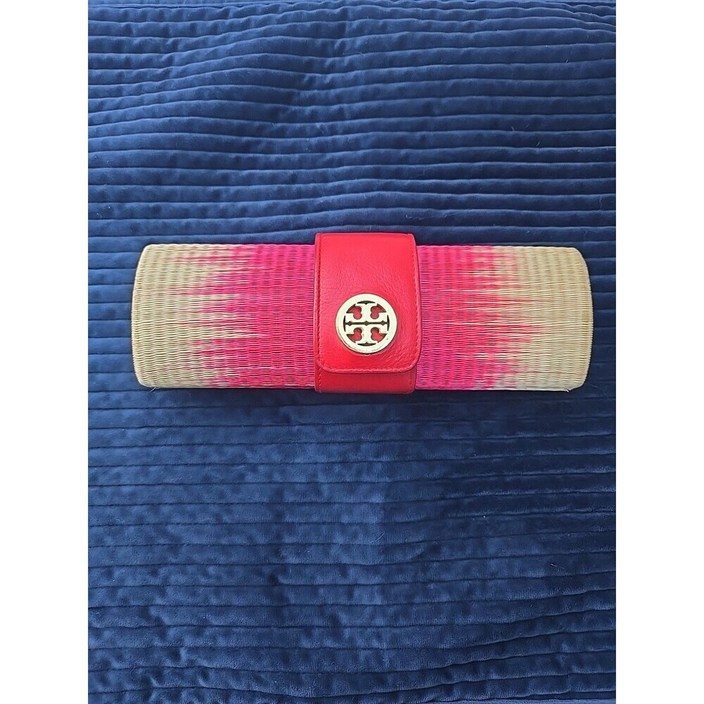TORY  BURCH  Straw Clutch Tan/pink/red